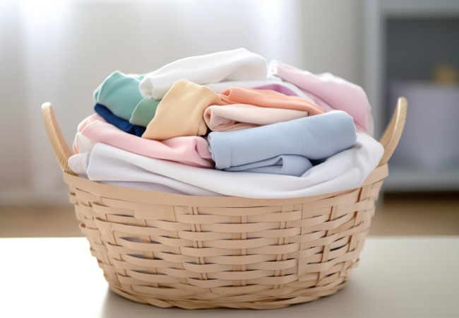 Panier avec du linge plié et repassé