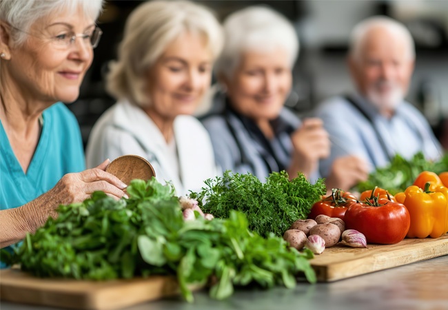 groupe de seniors qui font un atelier cuisine