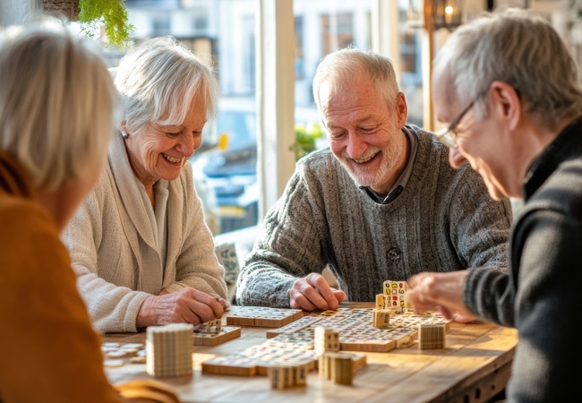 groupe de seniors qui jouent à un jeu en rigolant