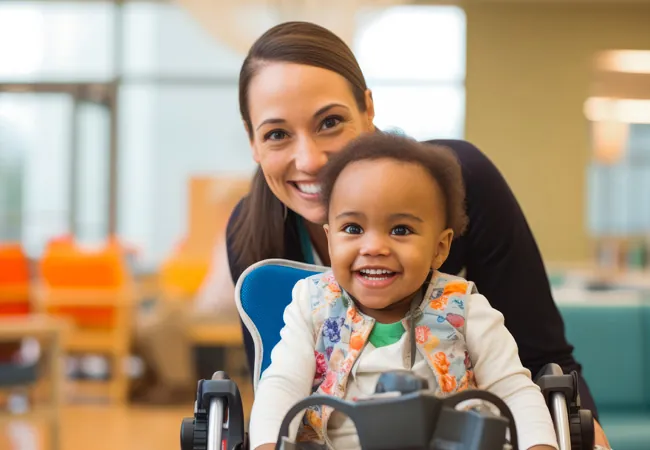 Dame qui pousse une enfant en fauteuil heureuse