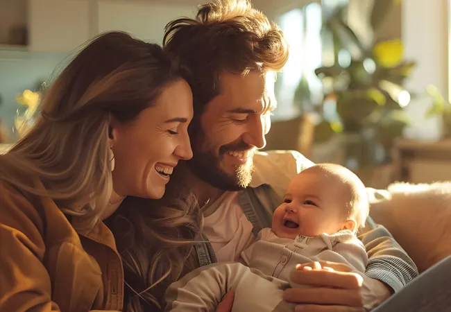 un couple heureux qui sourit et fait un câlin à leur bébé